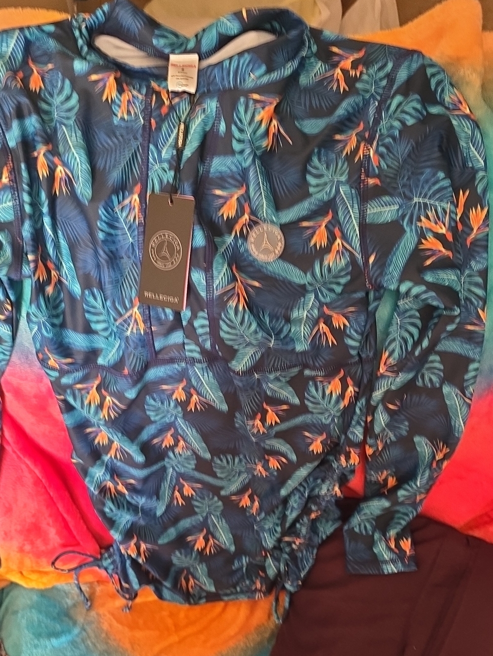 RELLECIGA Zippered Rash Guard Shirt with Teal Leaf and Orange Floral Print
